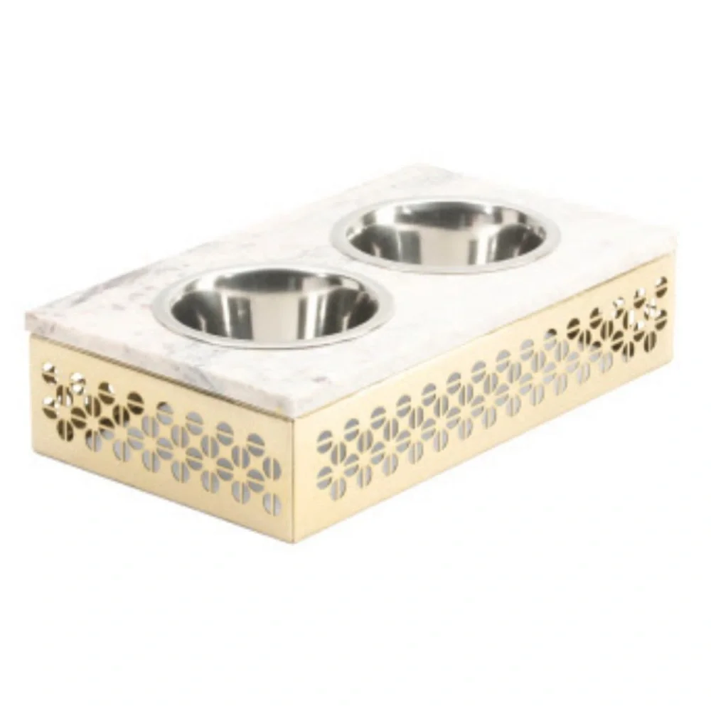 BNWT Dezaro Marble & Gold Large Double Bowl Dog Pet Feeder